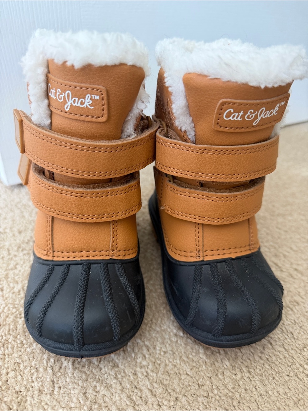 Cat & Jack Tan and Black Fleece-Trim Strap Boots